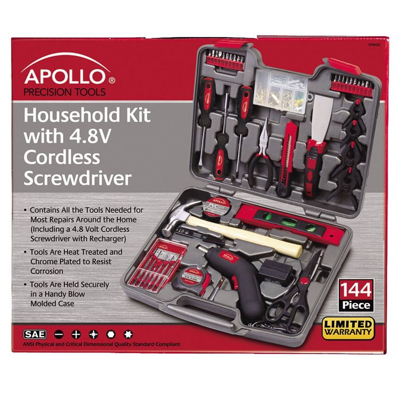 Apollo Tools 144pc Household Tool Kit with 4.8V Cordless Screwdriver DT8422 Red, 3 of 5