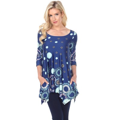Women's 3/4 Sleeve Printed Erie Tunic Top with Pockets - White Mark