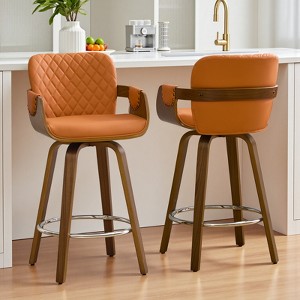 Bekrvio 26" Swivel Counter Stools with Back & Arms, Faux Leather Mid-Century Bar Stools for Kitchen Island, Walnut Frame, Set of 1/2/3/4 - 1 of 4