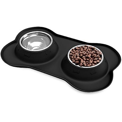 Stainless Steel Pet Bowls for Dogs and Cats- Set of 2 Dishes for Food and Water in Non Slip No Mess Silicone Tray- Bowls 12oz Each by PETMAKER -BLACK