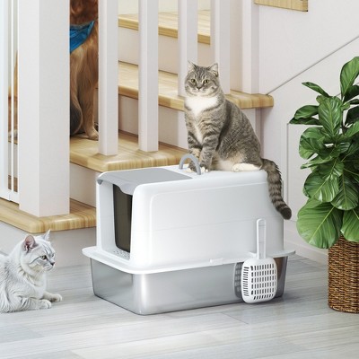 Extra Large White Stainless Steel Cat Litter Box with Lid