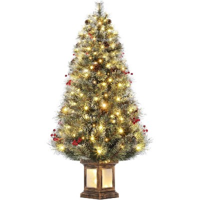 4.5ft Pre-Lit Snow Flocked Christmas Tree with 200 Warm Lights & 8 Modes, Faux Berries & Antique Urn Base for Home Office Decor