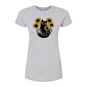 Women's - Instant Message - Black Cat in Sunflowers Fitted Graphic T-Shirt - 1 of 4