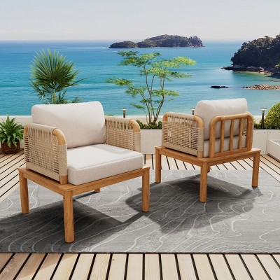 Outdoor Rope and Acacia Club Chair Set of 2 with Cushions, Deep Seats and Weather-Resistant Design for Garden or Small Patio Spaces-Cuddlewood