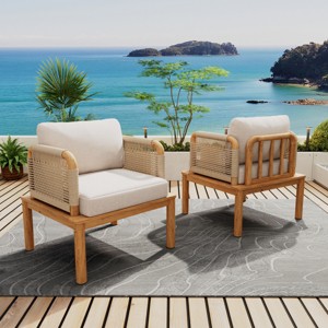 Outdoor Rope and Acacia Club Chair Set of 2 with Cushions, Deep Seats and Weather-Resistant Design for Garden or Small Patio Spaces-Cuddlewood - 1 of 4