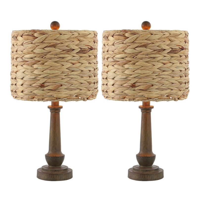 Set of 2 21.25&#34;Leona Rustic Farmhouse Handwoven Rattan/Resin Table Lamps (Includes LED Light Bulb) Brown Wood Finish - JONATHAN Y, 1 of 10