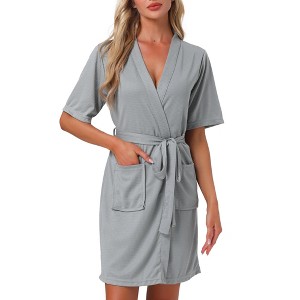 INSPIRE CHIC Womens Bathrobe Waffle Terry Shawl CollarTie Short Sleeve Wrapping Straps with Pocket Spa Shower - 1 of 4