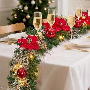 MOEPISY 6ft Prelit Christmas Garland for Mantle with Timer 20 LED Lights Red Gold Ball Ornaments Velvet Bows - 1 of 4