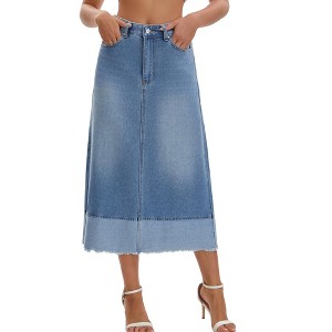INSPIRE CHIC Women's Denim High Waist Spring Causal Panel Hem A-Line Maxi Jean Skirts - 1 of 4