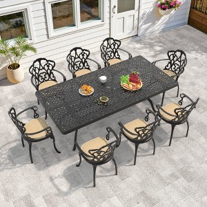 (9-PC)Premium Black Cast Aluminum Patio Set - Weather-Resistant Outdoor Table & Chairs with Beige Cushions - 1 of 4