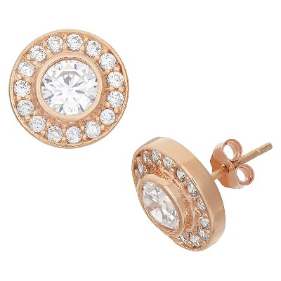 Bottom Halo Cubic Zirconia Stud Earrings in Rose Gold Over Silver