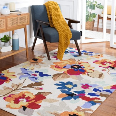 Ivory Multicolor Floral Synthetic Hand-Hooked Area Rug 3'6" x 5'6"