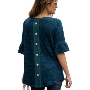 Amaryllis Women's Button Back Ruffle Sleeve Knit Top with Lace Trim Elegant Detailing Comfortable Fit - 1 of 4