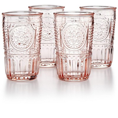 Cotton Candy Pink Floral Etched Glass Tumbler Set, 11.5 oz
