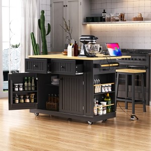 Kitchen Island with Drop Leaf and Wheels, Kitchen Storage Cart with Drawers and Storage Rack, Rolling Kitchen Island with Power Outlet - 1 of 4
