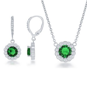 Bella Silver Sterling Silver May Birthstone w/ CZ Border Round Earrings and 18" Pendant Necklace Set - 1 of 3