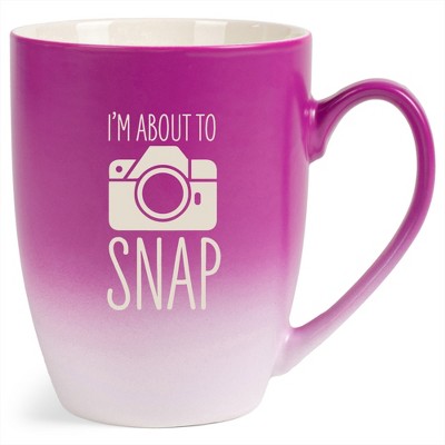 100 North Fun Camera Design 10 Ounce Pink and White Two Toned Ombre, Comfortably Fits Your Hands, Ceramic Tea Coffee Cup Mug, I'M About To Snap