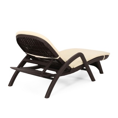 Beige Faux Wicker Outdoor Chaise Lounges with Cushions, Set of 2
