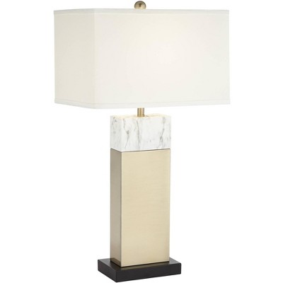 360 Lighting 30" Tall Large Rectangular Modern End Table Lamp Gold Two-Tone Faux Marble Finish Single White Shade Living Room Bedroom Bedside House