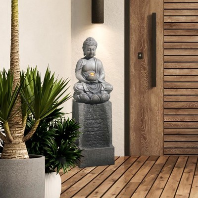 Gray Resin Meditating Buddha Fountain with LED Light