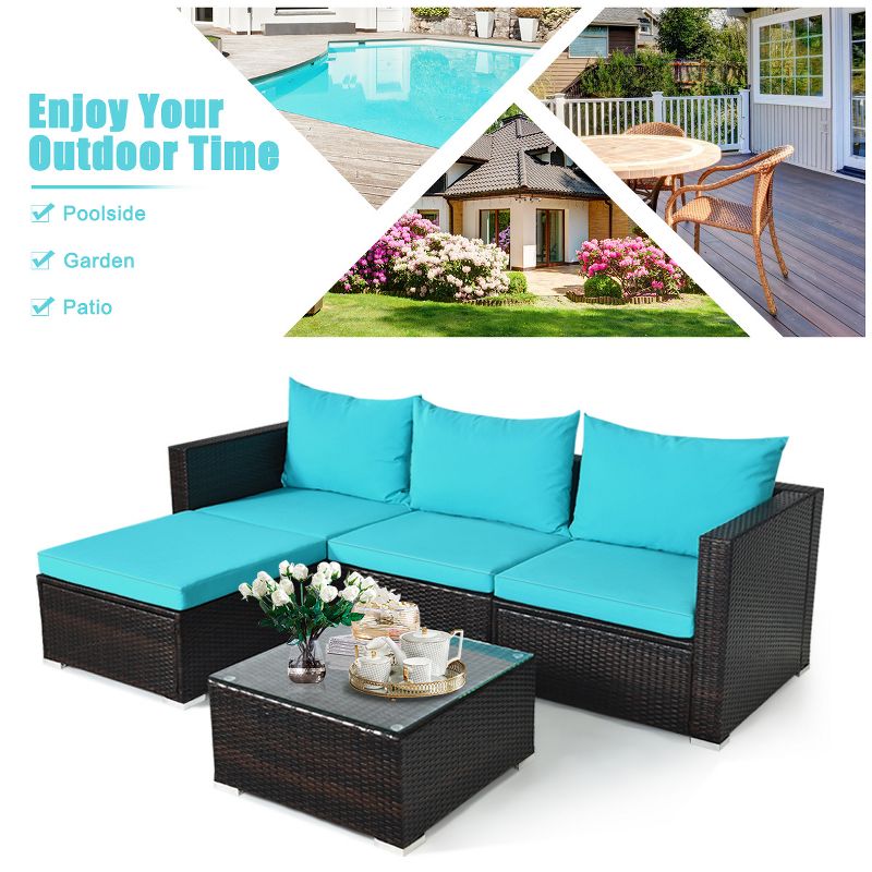 Tangkula 5PCS Patio Rattan Wicker Sofa Furniture Set Sectional Conversation Sofa Set Blue, 5 of 10
