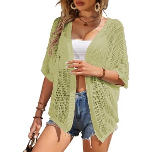 Womens Short Sleeve Mesh Cardigan Drop Shoulder Cardigan Semi-Sheer Sweater Cardigan Lightweight Beach Cover Up - 1 of 1