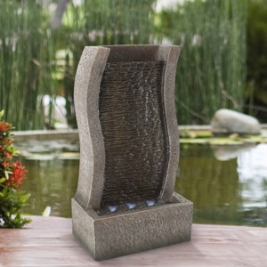 Freestanding Stone Wall Fountain - Modern 19-Inch Indoor and Outdoor Decorative S-Shaped Polyresin Waterfall with LED Lights by Pure Garden (Silver) - 1 of 4
