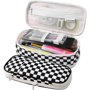 Fmeida Large Pencil Case Pouch With Zipper Checkered Pen Bag for Teen Girls and Boy Black - 1 of 4