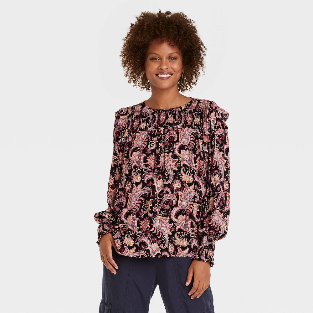 Women's Ruffle Long Sleeve Smocked Blouse - Knox Rose Black Jacquard XS