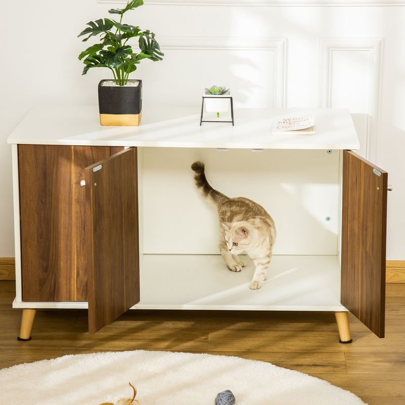 PawHut Cat Litter Box Enclosure Hidden Cat Furniture Cabinet Indoor, End Table with Adjustable Shelf Magnetic Door, White, 3 of 7