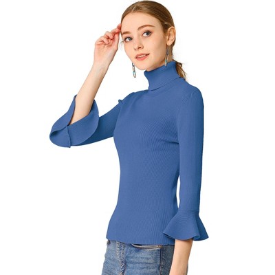 Allegra K Women's Ruffle Sleeves Pullover Turtleneck Stretchy Knit Sweater