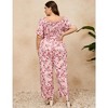 Women's Plus Size Wide Leg Floral Jumpsuits Casual Summer Outfits with Belt Bell Sleeve Smocked Floral Pink Flower 3XL - 4 of 4