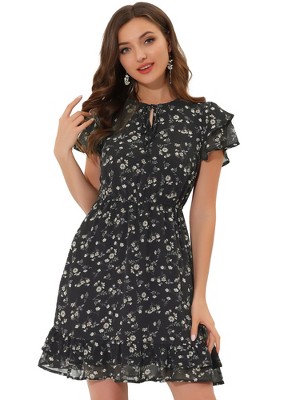 INSPIRE CHIC Women's Ruffle Sleeve Self-Tie V Neck Mini A-Line Floral Dress