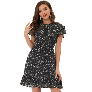 INSPIRE CHIC Women's Ruffle Sleeve Self-Tie V Neck Mini A-Line Floral Dress - 1 of 4