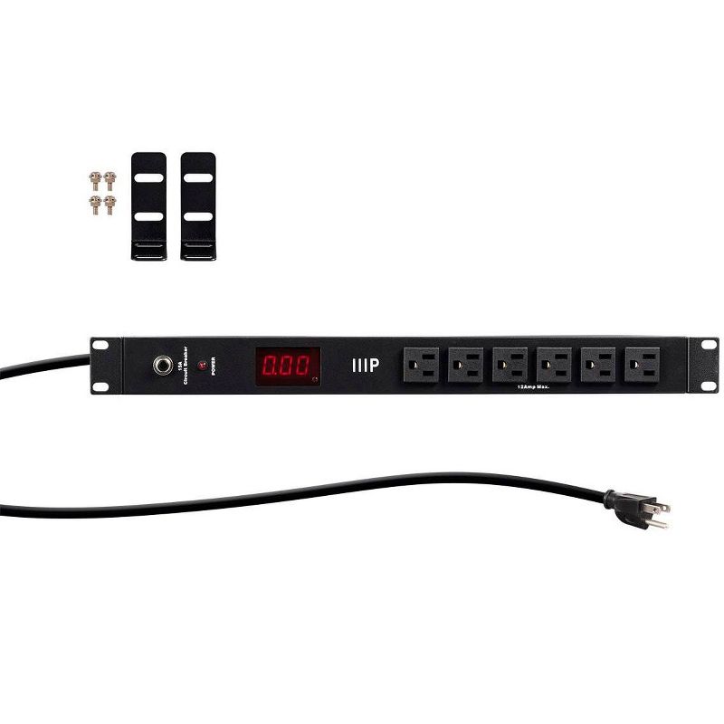 Monoprice 14 Outlet Metal 1U Rackmount Power Distribution Unit - 6 Feet Cord - Black | with Ampere Meter, 8 Rear 6 Front NEMA 5-15R Outlets, 15A, 3 of 7