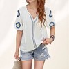 Anna-Kaci Women's Embroidered Short Sleeve Blouse with Floral Motif and Split V-Neck Detail for Casual Summer Style - 2 of 4
