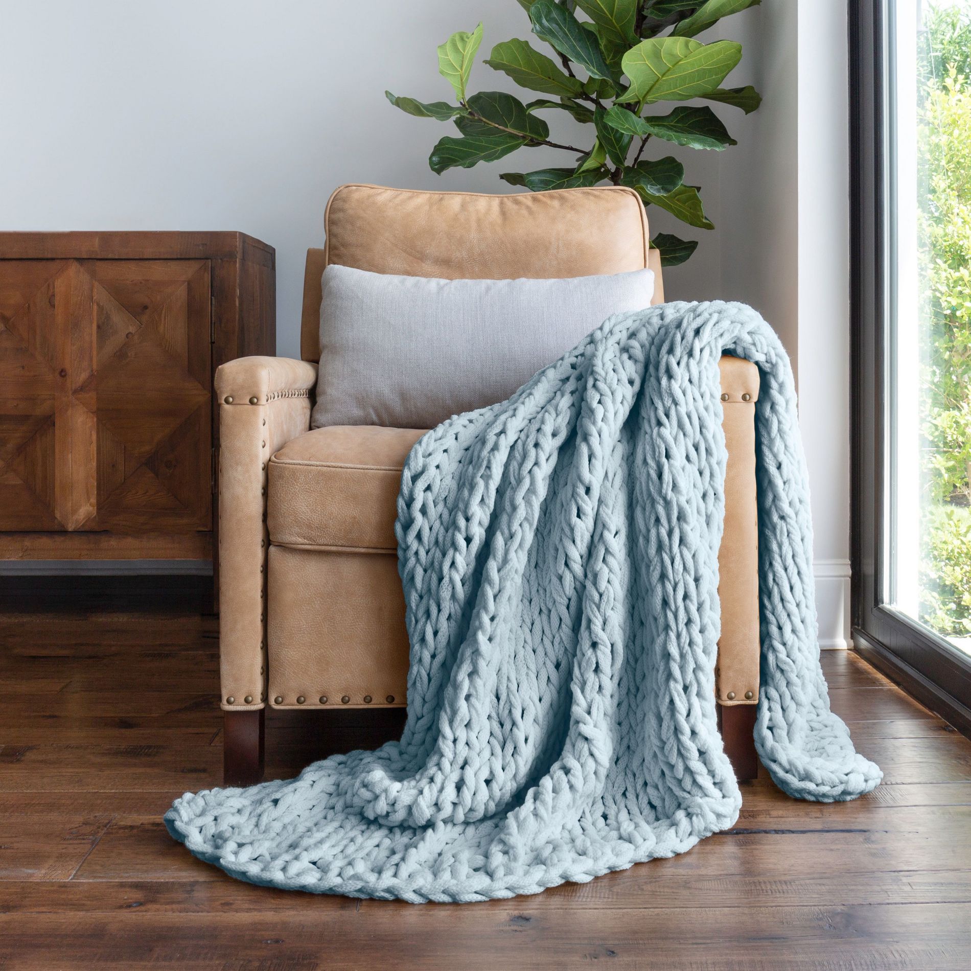 Chunky Knit Throw Blanket Braided, Soft & Cozy - Becky Cameron, Light Blue, Throw