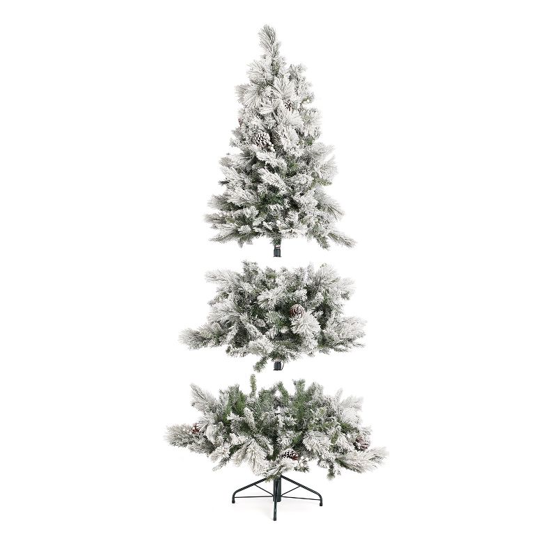 Home Heritage Pre-Lit Snowdrift Flocked Artificial Holiday Tree, Clear Lights, Natural-Looking PVC Foliage Tips, Metal Stand, 4 of 7