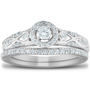 Pompeii3 1/2 Ct Halo Round Diamond Vintage Engagement Wedding Ring Set 10k White Gold - 1 of 4