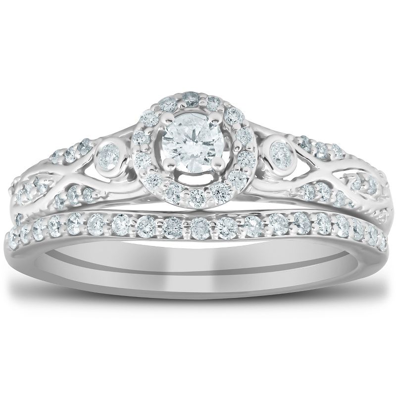 Pompeii3 1/2 Ct Halo Round Diamond Vintage Engagement Wedding Ring Set 10k White Gold, 1 of 5