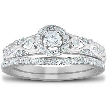 Pompeii3 1/2 Ct Halo Round Diamond Vintage Engagement Wedding Ring Set 10k White Gold