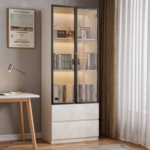 ATJafurn 23.6'' White China Cabinet Lighted Dining Cabinet Display Cabinet With Glass Doors and Drawers and LED Light For Living Room Dining Room - 1 of 4