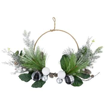 Northlight Black and White Plaid Winter Greenery Artificial Christmas Wreath, 18-Inch, Unlit