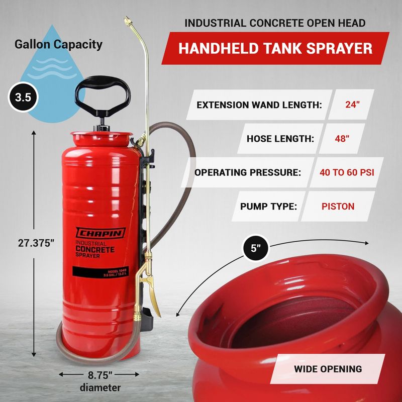 Chapin International Industrial Open Head Sprayer with Tri-Lock Pump Handle and Wide Tank Opening for Professional Concrete Applications, Red, 3 of 7