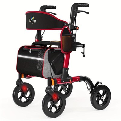 JUJABU Lightweight Aluminum Frame Rollator Walker with18" Wide Seat, 8" All-Terrain Wheels, 6-Level Adjustable Height for Seniors - Red