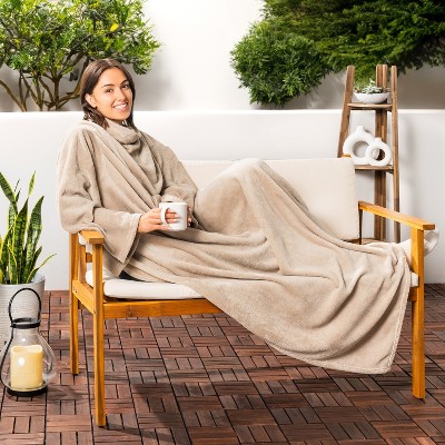 Taupe Fleece Wearable Blanket with Sleeves and Pocket