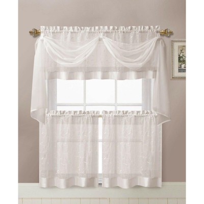 Kate Aurora Complete 4 Piece Linen Leaf Embroidered Complete Kitchen Curtain Set