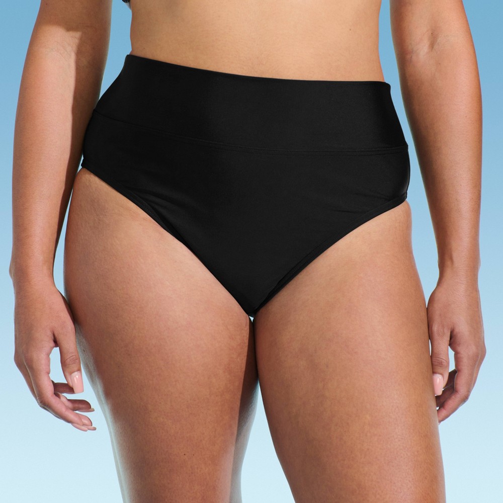 Photos - Swimwear Lands End Lands' End Women's Mid-Rise Bikini Bottom - Black M: Nylon-Spandex Blend, Fold Over Waistband, UPF 50+ Protection, Hand Wash 