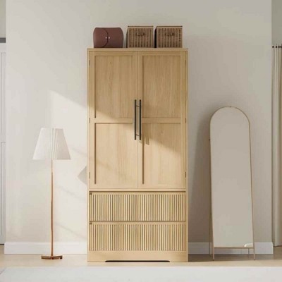 Bedroom Armoire Wardrobe Closet, Freestanding Large Wardrobe Armoire Cabinet with Glass Doors and 2 Drawers