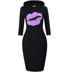 Women's Casual Midi Dress Pullover Hoodie Knee Length Slim Dress with Pocket - 1 of 4